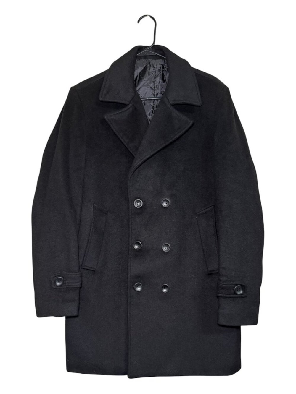 Men's Black Notch Lapel Double Breasted Pea Coat Jacket Size M